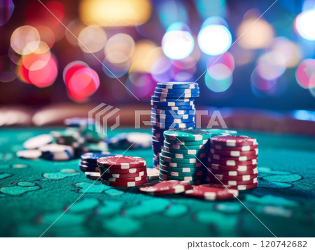 Stacks of Casino Chips on a Green Felt Table Stacks of Casino Chips on a Green Felt Table 120742682