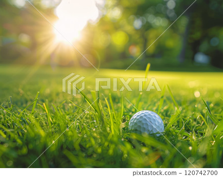 Golf Ball Resting in Lush Green Grass Under a Bright Sunny Sky 120742700