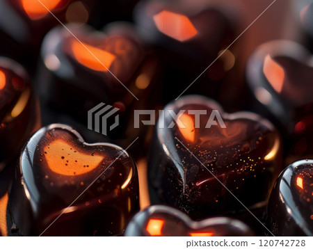 Close-up of Heart-Shaped Chocolate Candies with a Warm Glow 120742728