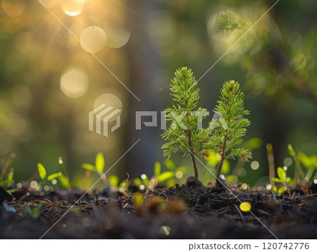 Two Tiny Pine Saplings Growing in the Forest with Sunbeams 120742776