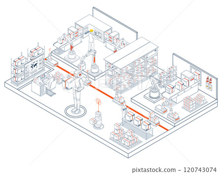 Smart Logistics automation systems featuring autonomous robots and AGVs optimize material handling through sensor-equipped navigation and intelligent item processing. Vector illustration EPS 10 Smart Logistics automation systems featuring autonomous robots and AGVs optimize material handling through sensor-equipped navigation and intelligent item processing. Vector illustration EPS 10 120743074