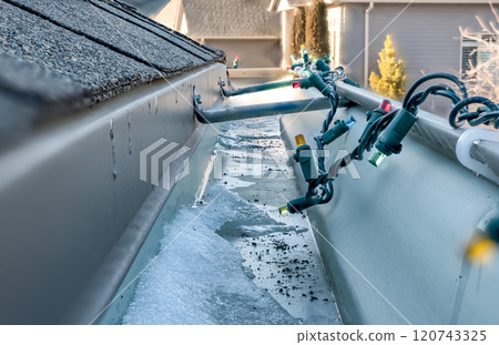 Ice and snow building up inside a rooftop gutter system on a residential house with Christmas lights 120743325