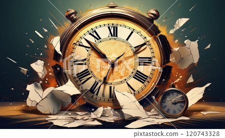 A vintage clock shattering into fragments while a smaller clock remains intact, symbolizing the passage of time and its impact. Generative AI 120743328