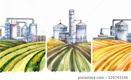 Watercolor depiction of a farm landscape with silos and fields in three distinct sections showcasing seasonal changes. Generative AI 120743346