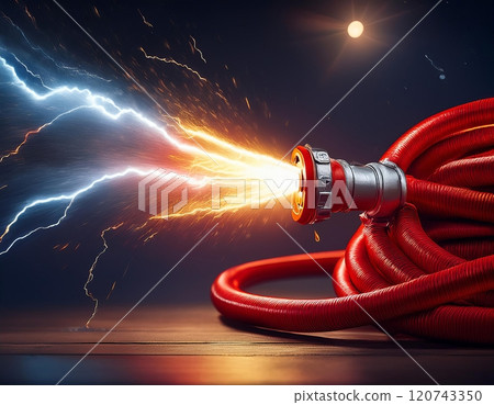 A fire hose unleashes vibrant flames and electric sparks against a dark background, creating a striking visual effect at night. Generative AI A fire hose unleashes vibrant flames and electric sparks against a dark background, creating a striking visual effect at night. Generative AI 120743350
