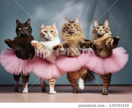 Four playful cats wearing pink tutus dance gracefully together in a charming indoor setting during the afternoon. Generative AI 120743358
