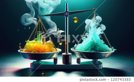 Colorful chemical reactions balanced on a scale with bubbling liquids and vapor in a dramatic lighting setting. Generative AI 120743383