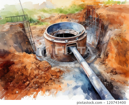 Construction of a large underground pipe system in a rural area, showcasing excavation and infrastructural development. Generative AI 120743400