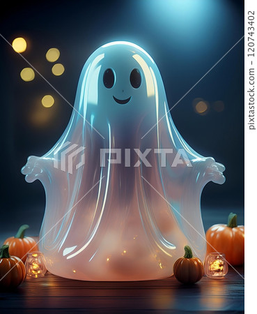A cheerful ghost decoration surrounded by glowing pumpkins and soft lights creates a festive atmosphere for Halloween night. Generative AI 120743402