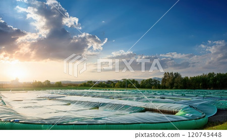 Sunset over an expansive agricultural field covered with protective green netting in rural landscape. Generative AI 120743448