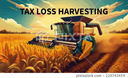 Combine harvester working in golden wheat field during sunset, symbolizing the concept of tax loss harvesting . Generative AI 120743454