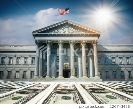A grand structure with an American flag overlooks large denominations of money under a bright sky. Generative AI A grand structure with an American flag overlooks large denominations of money under a bright sky. Generative AI 120743456