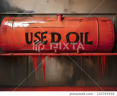 Large red storage tank labeled used oil with dripping paint in an industrial setting during daytime. Generative AI 120743459