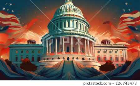 The U.S. Capitol building illuminated by a vibrant sunset amidst flowing flags and dramatic colors. Generative AI The U.S. Capitol building illuminated by a vibrant sunset amidst flowing flags and dramatic colors. Generative AI 120743478