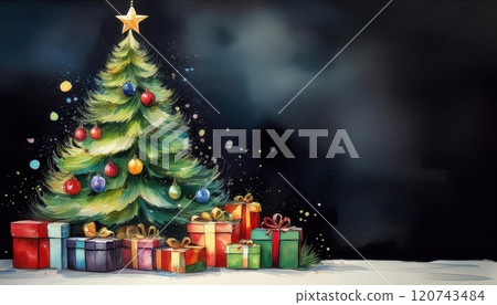A beautifully decorated Christmas tree stands amidst colorful gifts, creating a festive atmosphere perfect for holiday celebrations. Generative AI 120743484