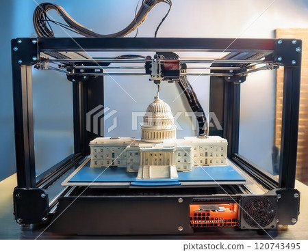 3D printer creating a detailed model of a historic building in a modern workshop setting. Generative AI 120743495