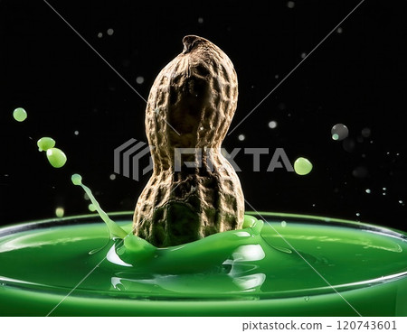 A peanut emerges from vibrant green liquid, creating dynamic splashes in a creative food art setup. Generative AI 120743601