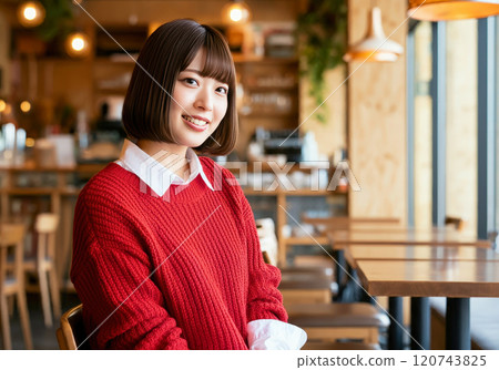 A woman in a red knitted sweater posing in a restaurant with a wooden interior A woman in a red knitted sweater posing in a restaurant with a wooden interior 120743825