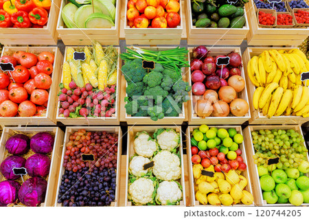 Baskets filled with various fruits, vegetables showcase vibrant colors fresh produce in bustling farmer market. Baskets filled with various fruits, vegetables showcase vibrant colors fresh produce in bustling farmer market. 120744205