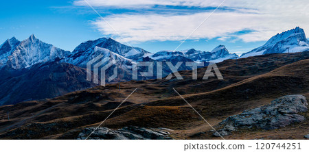 Trekking from Rotenboden to Riffelberg, spectacular view of the Mischabel mountain range, Zermatt, Switzerland 120744251