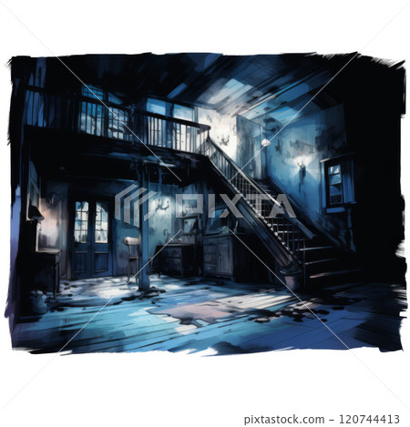 Dark and eerie interior of an abandoned house with a staircase 120744413