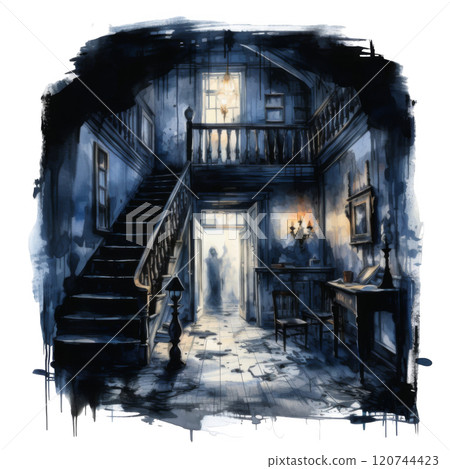 A Dark and Eerie Interior of an Old House with a Staircase and a Glimmer of Light 120744423