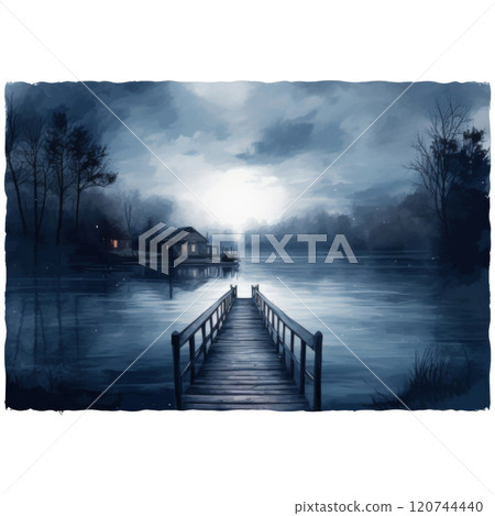 A Wooden Dock Leading Towards a Mysterious Cabin on a Lake at Dusk 120744440