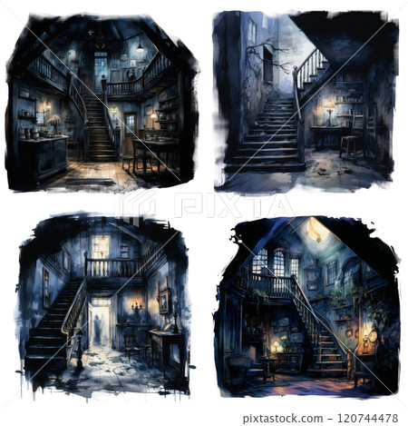 Four Watercolor Paintings of Stairwells in an Old, Dark House 120744478