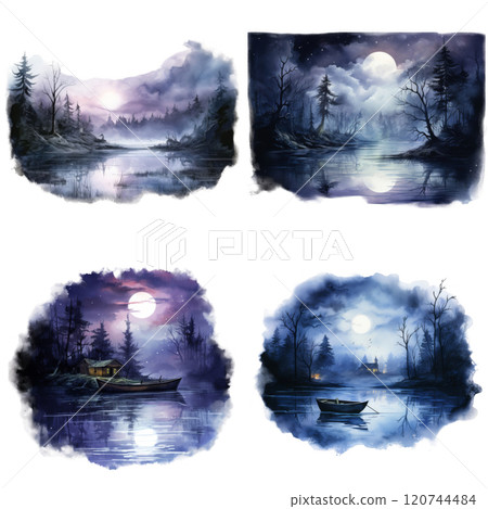 Four Watercolor Paintings of Moonlit Lakes and Forests 120744484