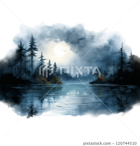 A Moonlit Forest Lake with Silhouetted Trees and Fog 120744510