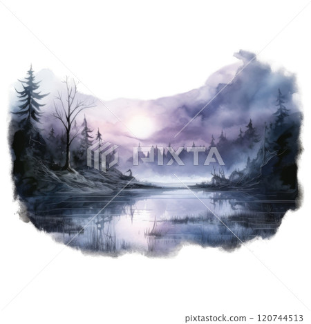 A Silhouetted Forest Reflecting in a Misty Lake 120744513
