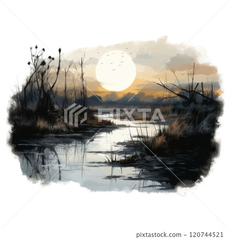 A Golden Sunset Over a Still, Winding River A Golden Sunset Over a Still, Winding River 120744521