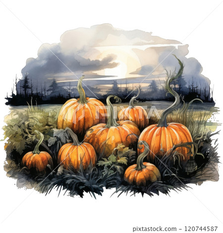 Watercolor Painting of Pumpkins in a Field at Sunset 120744587