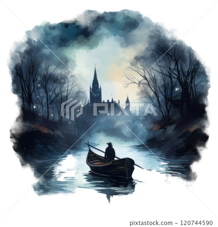 A solitary figure rows towards a mysterious castle in a misty, twilight landscape. 120744590