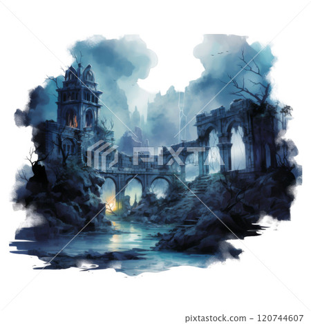 Ruins of an Ancient City with a Tower and a Bridge Over a River 120744607