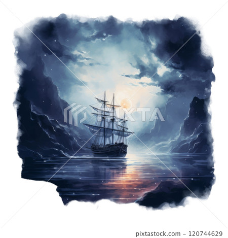 A ship sailing through a calm ocean between dark cliffs at sunset. 120744629