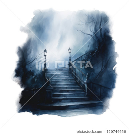 Stone Steps Leading Upward Through Foggy Woods 120744636