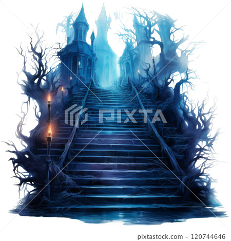 Blue Stone Staircase Leading Upwards Through an Eerie, Tree-Lined Forest 120744646