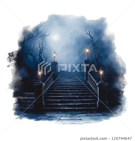 A Long Stairway Leading Up Through a Foggy, Moonlit Forest 120744647