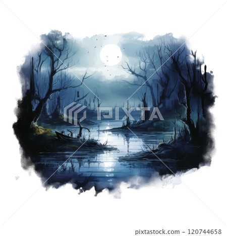 A Moonlight Scene of a Still Waterway with Bare Trees and a Sunken Boat 120744658