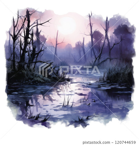 A Silhouetted Forest Reflected in a Still Swamp A Silhouetted Forest Reflected in a Still Swamp 120744659