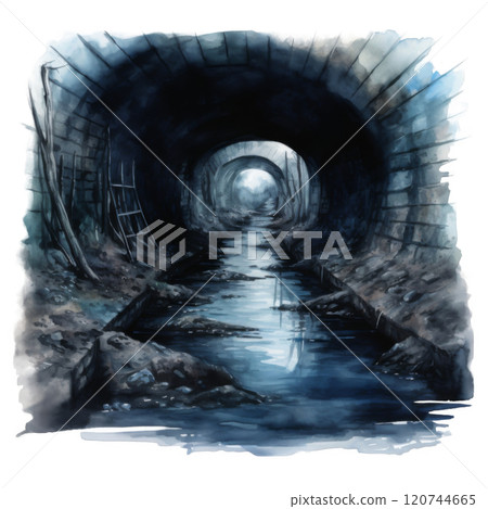 A Dark and Gloomy Tunnel with a Stream of Water Running Through It 120744665