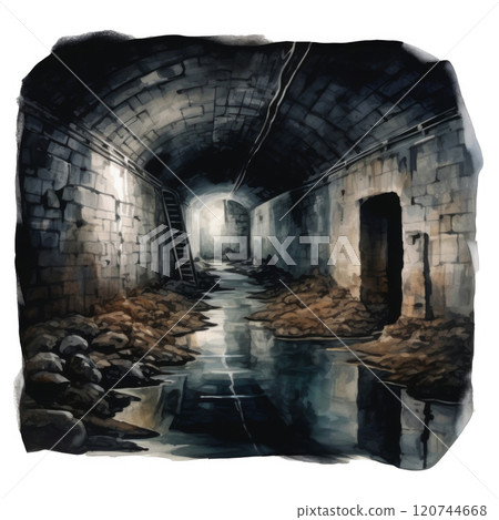 A Waterlogged Underground Tunnel with a Ladder and a Doorway 120744668