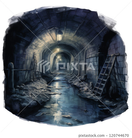A dimly lit tunnel with ladders and a puddle in the middle 120744670