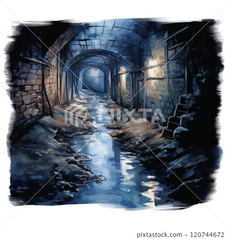 A Waterway Through a Dark and Crumbling Underground Passage 120744672