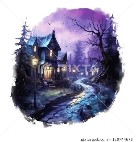 A Mystical Cottage Village Illuminated by Twilight 120744678