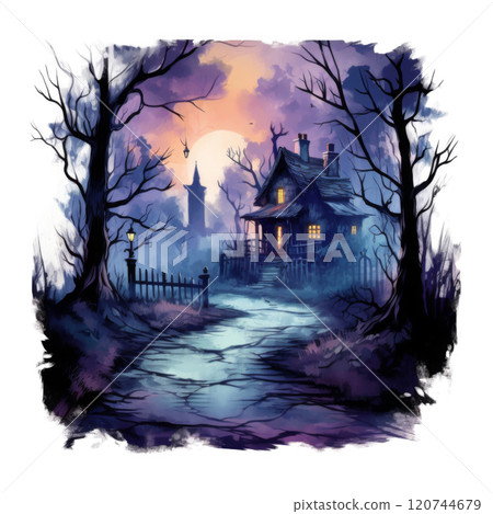 A Cottage in a Crepuscular Forest with a Tower in the Distance 120744679