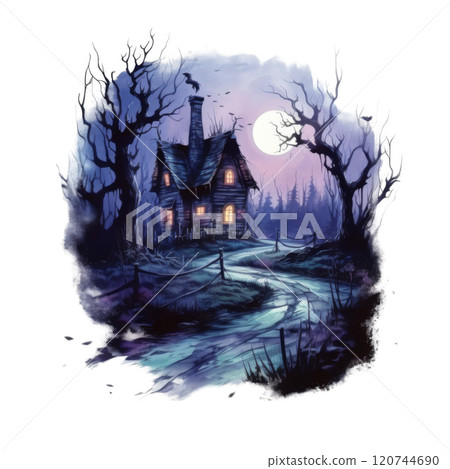 A Mystical, Moonlight-Illuminated Cottage in a Dark Forest 120744690