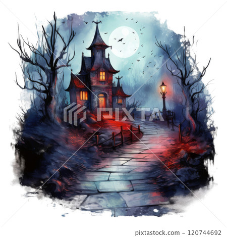 A Haunted House with a Cobblestone Path and a Full Moon A Haunted House with a Cobblestone Path and a Full Moon 120744692