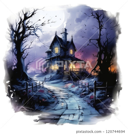 A Haunted House with a Stone Path Under the Moonlight 120744694